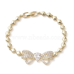 Brass Bowknot Link Bracelets, with Clear Cubic Zirconia, Long-Lasting Plated, Lead Free & Cadmium Free, Real 18K Gold Plated, 7-1/4 inch(18.5cm)(BJEW-D039-45G)