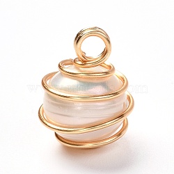Natural Cultured Freshwater Pearl Pendants, with Real 18K Gold Plated Eco-Friendly Copper Wire, Round, Linen, 15x11.5mm, Hole: 3mm(PALLOY-JF00912)