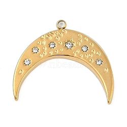 304 Stainless Steel Rhinestone Pendants, Ion Plating(IP), Moon, Lune, Real 18K Gold Plated, 23x20x2mm, Hole: 1.3mm(STAS-I325-036G)