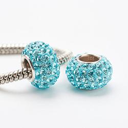 Austrian Crystal European Beads, Large Hole Beads, 925 Sterling Silver Core, Rondelle, 202_Aquamarine, 11~12x7.5mm, Hole: 4.5mm(STER-E049-E11)