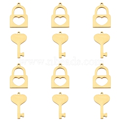 304 Stainless Steel Charms, Laser Cut, Polishing, Key and Lock, Golden, 17~20x13mm, Hole: 1mm, 12pcs/box(STAS-UN0012-03G)