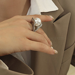 304 Stainless Steel & Imitation Pearl Finger Rings, for Women, Stainless Steel Color, US Size 6(16.5mm)(FS-WG0396A-04)