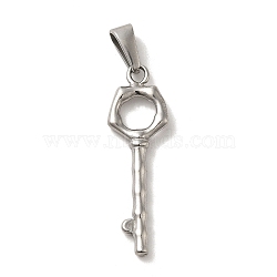 304 Stainless Steel Pendants, Key Charm, Stainless Steel Color, 34~35x11x3mm, Hole: 3x7.5mm(STAS-B053-21P)