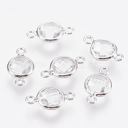 Glass Links connectors, with Brass Findings, Faceted Flat Round, Nickel Free, Real Platinum Plated, Clear, 12x7x3mm, Hole: 1.2mm(KK-Q752-007P-06)