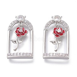 Valentine's Day Theme Brass Micro Pave Clear Cubic Zirconia Pendants, with Red Enamel, Long-Lasting Plated, Cage with Rose, Platinum, 25.5x14x4mm, Hole: 0.8mm(KK-P190-03P)