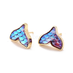 Mermaid Fishtail Resin Stud Earring, Dainty Animal Brass Earrings for Girl Women, Golden, Sky Blue, 11x13mm, Pin: 0.7mm(EJEW-C005-01A-01)