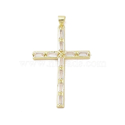 Real 18K Gold Plated Brass with Glass Pendants, Cross, Clear, 46x29x3mm, Hole: 3.5x4.3mm(KK-A209-05E-G)