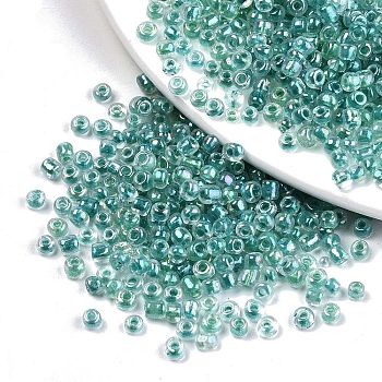 8/0 Glass Seed Beads, Inside Colours, Round Hole, Round, Transparent Colours Rainbow, Dark Cyan, 8/0, 3~4x2~3mm, Hole: 0.8mm, about 3333pcs/100g