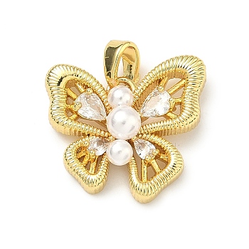 Brass Micro Pave Clear Cubic Zirconia Pendants, with Imitation Pearl, Butterfly Charms, Golden, 16.5x18.5x6.5mm, Hole: 4.5x2.5mm