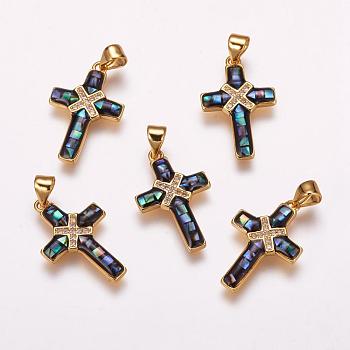 Brass Micro Pave Cubic Zirconia Pendants, with Paua Shell/Abalone Shell, Cross, Golden, 21.5x14x2mm, Hole: 3.5x4.5mm