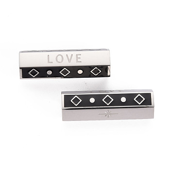 316 Surgical Stainless Steel Enamel Beads, Hexagonal Prism with Word Love, Stainless Steel Color, 25.5x9x8mm, Hole: 1.6mm