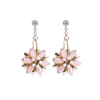 Flower Shape Brass Glass Imitation Rose Quartz Dangle Earrings, with 925 Needle, Platinum & Silver, 39mm, Pin: 0.5mm