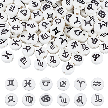 ARRICRAFT 120Pcs 12 Style Handmade Porcelain Ceramic Beads Strands, Printed, Flat Round with Constellation, White, 10~11x5mm, Hole: 2mm, 10pc/style, 12 Style, 120pcs