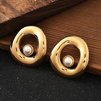 304 Stainless Steel Oval Stud Earrings, with Imitation Pearl, Real 18K Gold Plated, 29.5x28mm