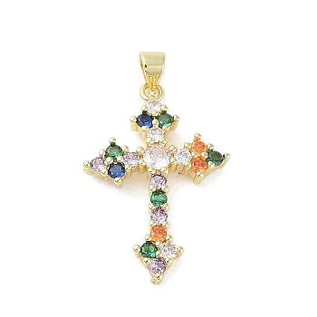 Real 18K Gold Plated Brass with Random Color Glass Pendants, Cross, Colorful, 32x21.5x4mm, Hole: 3.3x4.3mm