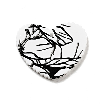 Printed Acrylic Pendants, Heart with Branches Pattern, Black, 26x31.5x2mm, Hole: 1.5mm