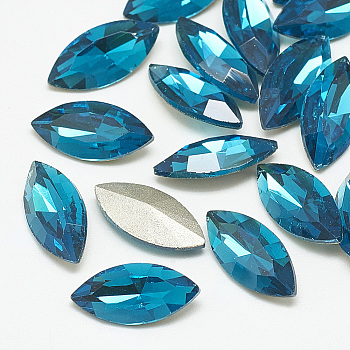 Pointed Back Glass Rhinestone Cabochons, Back Plated, Faceted, Horse Eye, Capri Blue, 8x4x2mm