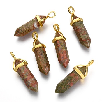 Natural Unakite Double Terminated Pointed Pendants, with Random Alloy Pendant Hexagon Bead Cap Bails, Golden, Bullet, 37~40x12.5x10mm, Hole: 3x4.5mm