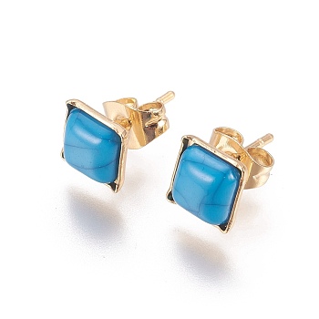 Golden Tone 304 Stainless Steel Stud Earrings, with Plastic Imitation Turquoise, Square, Blue, 6.5x6.5x2.5mm, Pin: 0.7mm