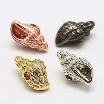 Brass Micro Pave Grade AAA Cubic Zirconia, Conch, Cadmium Free & Nickel Free & Lead Free, Mixed Color, 13x7x6.8mm, Hole: 2mm