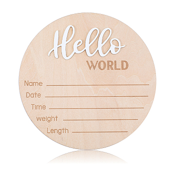 Wooden Baby Photo Props, Birth Announcement Sign, Wooden Growth Milestone Signs, Flat Round with Word Hello World, Pale Goldenrod, 148x4.5mm