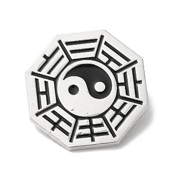 Eight-Diagram Tactics with Yin Yang Alloy Brooch Pin, Octagon Badge for Backpack Clothes, Platinum, 27x27x2mm
