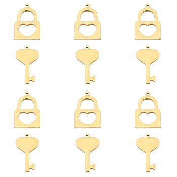 304 Stainless Steel Charms, Laser Cut, Polishing, Key and Lock, Golden, 17~20x13mm, Hole: 1mm, 12pcs/box