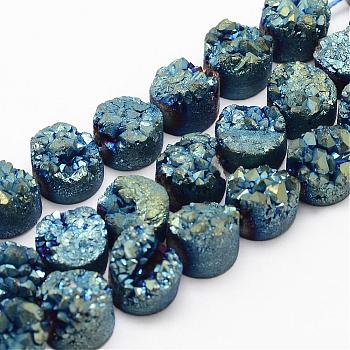 Electroplated Natural Druzy Quartz Crystal Bead Strands, Flat Round, Dyed, Blue, 7~12x5~10mm, Hole: 1.5mm, about 16pcs/strand, 7.8 inch
