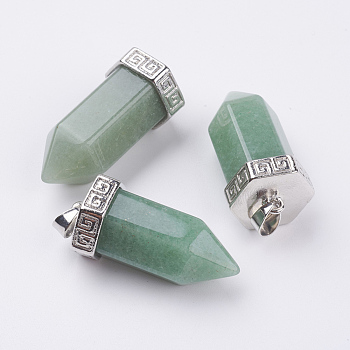 Natural Green Aventurine Pointed Pendants, with Brass Finding, Bullet, Platinum, 39x18mm, Hole: 4.5x5.5mm
