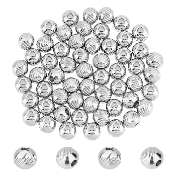 80Pcs 304 Stainless Steel Beads, Round with Twill, Stainless Steel Color, 6x5mm, Hole: 1.5mm
