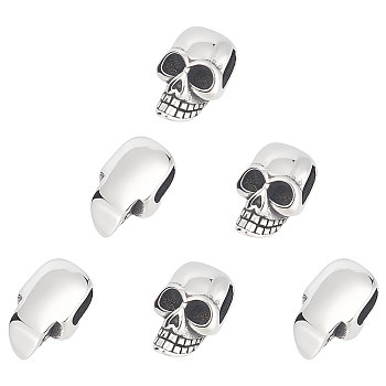 6Pcs Retro 304 Stainless Steel Slide Charms/Slider Beads, for Leather Cord Bracelets Making, Skull, Antique Silver, 22x14x9mm, Hole: 4x8mm