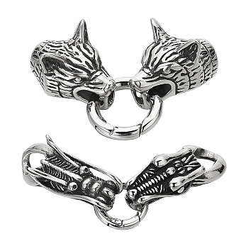 2 Sets 2 Styles 304 Stainless Steel Spring Gate Rings, Tibetan Style O Rings, with Two Cord End Caps, Wolf Head & Dragon Head, Antique Silver, 61~75x12~18x14~16.5mm, 1 sets/color