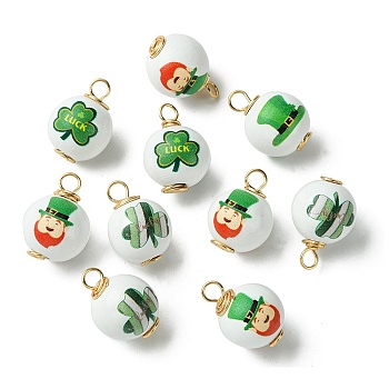 10Pcs Saint Patrick's Day Printed Wood Pendants, Golden Tone Copper Wire Wrapped Round Charms, Green, 24~24.5x15~16.5mm, Hole: 4~4.5mm