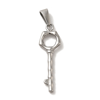 304 Stainless Steel Pendants, Key Charm, Stainless Steel Color, 34~35x11x3mm, Hole: 3x7.5mm