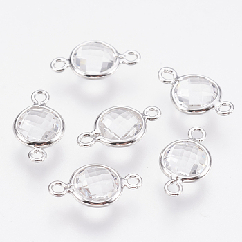 Glass Links connectors, with Brass Findings, Faceted Flat Round, Nickel Free, Real Platinum Plated, Clear, 12x7x3mm, Hole: 1.2mm