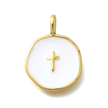 Brass with Enamel Pendants, Lead Free & Cadmium Free, Real 18K Gold Plated, Rack Plating, Flat Round, Cross, 18.5x13.5x2mm, Hole: 3.5mm