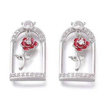 Valentine's Day Theme Brass Micro Pave Clear Cubic Zirconia Pendants, with Red Enamel, Long-Lasting Plated, Cage with Rose, Platinum, 25.5x14x4mm, Hole: 0.8mm