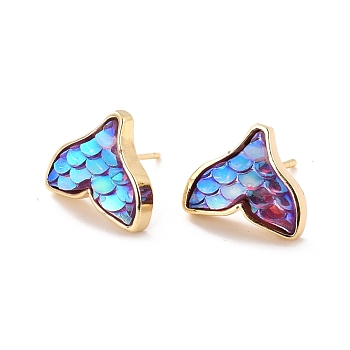Mermaid Fishtail Resin Stud Earring, Dainty Animal Brass Earrings for Girl Women, Golden, Sky Blue, 11x13mm, Pin: 0.7mm