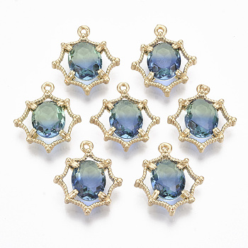 Two Tone Glass Pendants, with Brass Findings, Faceted, Oval, Light Gold, Aquamarine, 17.5~18.5x15.5~17x4.5mm, Hole: 1.2mm