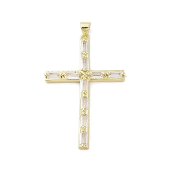 Real 18K Gold Plated Brass with Glass Pendants, Cross, Clear, 46x29x3mm, Hole: 3.5x4.3mm