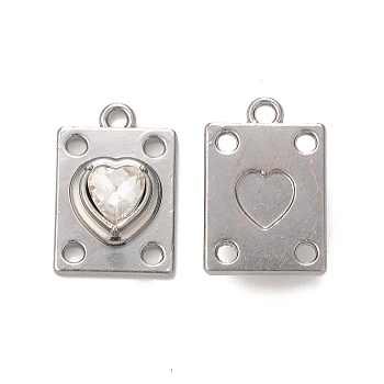Rack Plating Alloy Glass Pendants, Platinum, Rectangle with Heart Charms, Clear, 19.5x12.5x5mm, Hole: 1.8mm