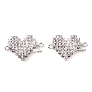 Brass Micro Pave Clear Cubic Zirconia Hook and S-Hook Clasps, Heart, Real Platinum Plated, 17.5mm, Hole: 1.1mm