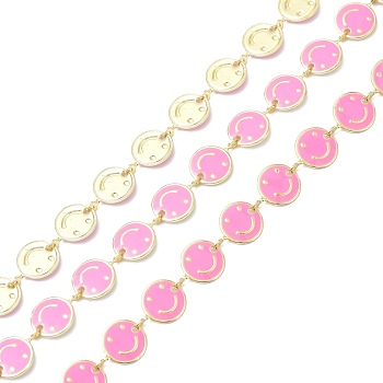 Brass & Enamel Link Chain, with Spool, Long-Lasting Plated, Flat Round with Smiling Face, Unwelded, Hot Pink, 8x1mm, about 10.93 yards(10m)/roll