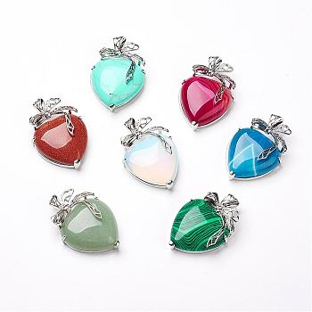 Natural & Synthetic Gemstone Pendants, with Platinum Tone Brass Findings, Heart, 46x32x10mm, Hole: 3.5x6mm