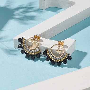 Boucles d'oreilles pendantes en forme d'éventail en perles de verre tressées(EJEW-MZ00034)-2