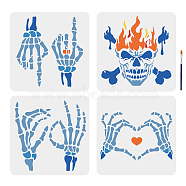 US 1 Set PET Hollow Out Drawing Painting Stencils, with 1Pc Art Paint Brushes and 1 Sheet Craft Cardboard Paper, Skeleton Hand Pattern, 300x300mm, 4pcs/set(DIY-MA0001-28A)