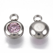 Rhinestone Charms, October Birthstone Charms, with 201 Stainless Steel, Flat Round, Stainless Steel Color, Light Rose, 9x6.5x4mm, Hole: 1.8mm(STAS-S105-JN919-10)