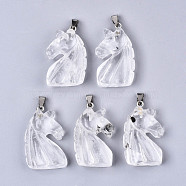 Carved Natural Quartz Crystal Pendants, Rock Crystal Pendants, with Stainless Steel Bails, Unicorn, Stainless Steel Color, 38~41x11~14x24~25mm, Hole: 9x4mm(G-N0327-002M)