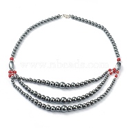 Non-Magnetic Synthetic Hematite & Turquoise Beades 3 Layer Necklaces, with Alloy Lobster Claw Clasps, Round & Twistd, Red, 20.27 inch(51.5cm), Twistd: 15.5x8x8mm(NJEW-J058-01A-01)