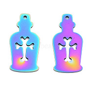 Ion Plating(IP) 201 Stainless Steel Pendants, Halloween Style, Bottle with Cross, Rainbow Color, 25x12x1mm, Hole: 1.4mm(STAS-N098-082M)